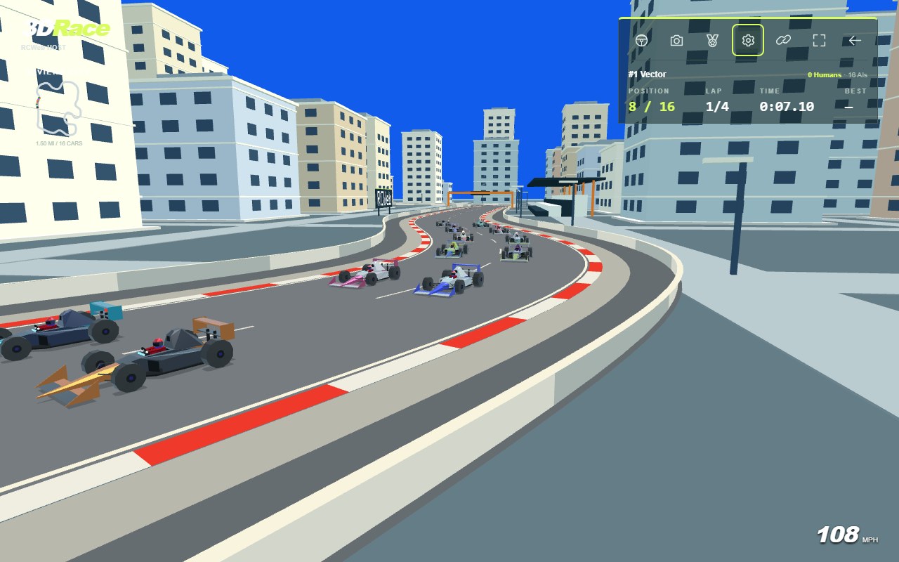 Trackside view of the field rounding a Riviera City bend between apartment buildings