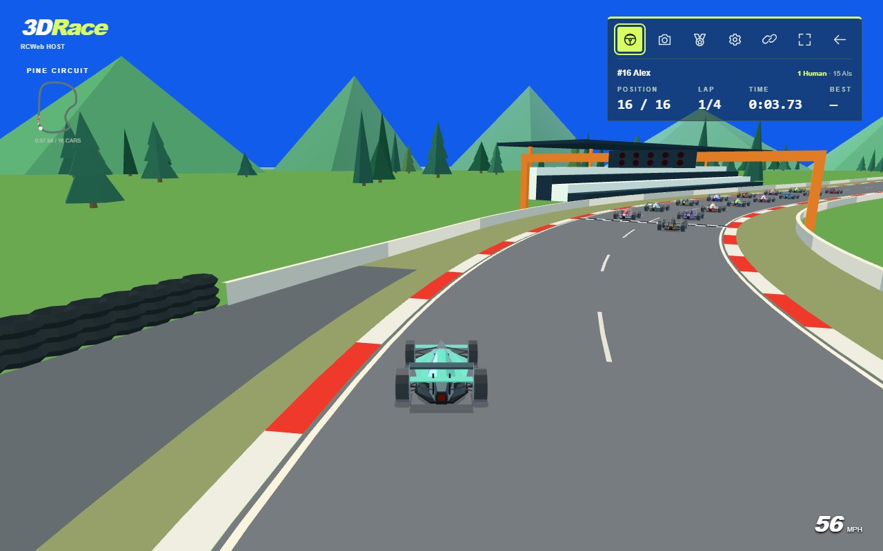 Chase-camera driving, race information, track map and speed display