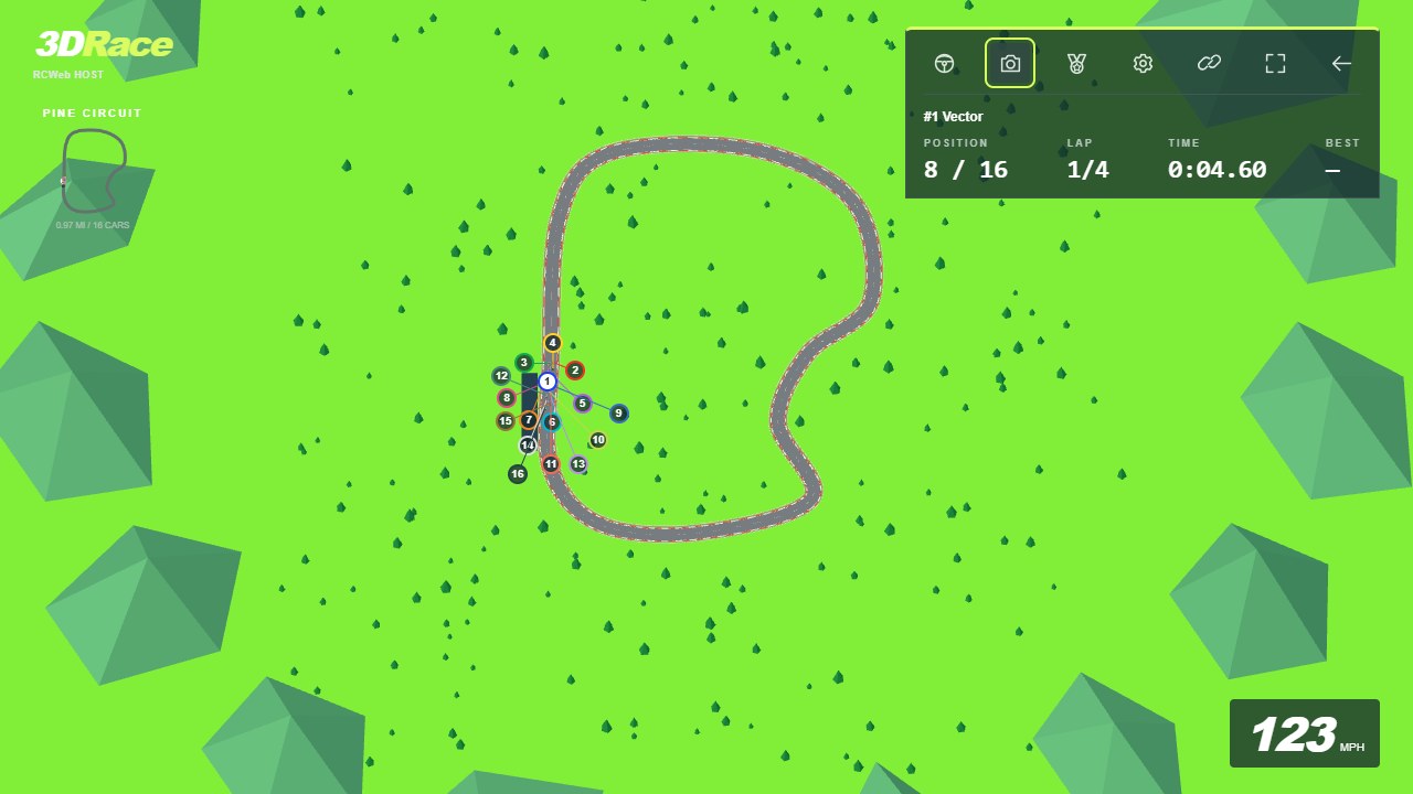 Whole-track camera Angled overhead view of the complete circuit