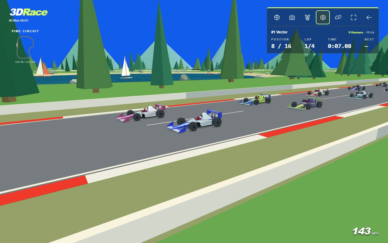 Trackside view of cars racing past Pine Circuit's lake, sailboats and pine trees