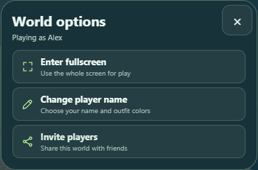 World options: fullscreen, change player name, invite players