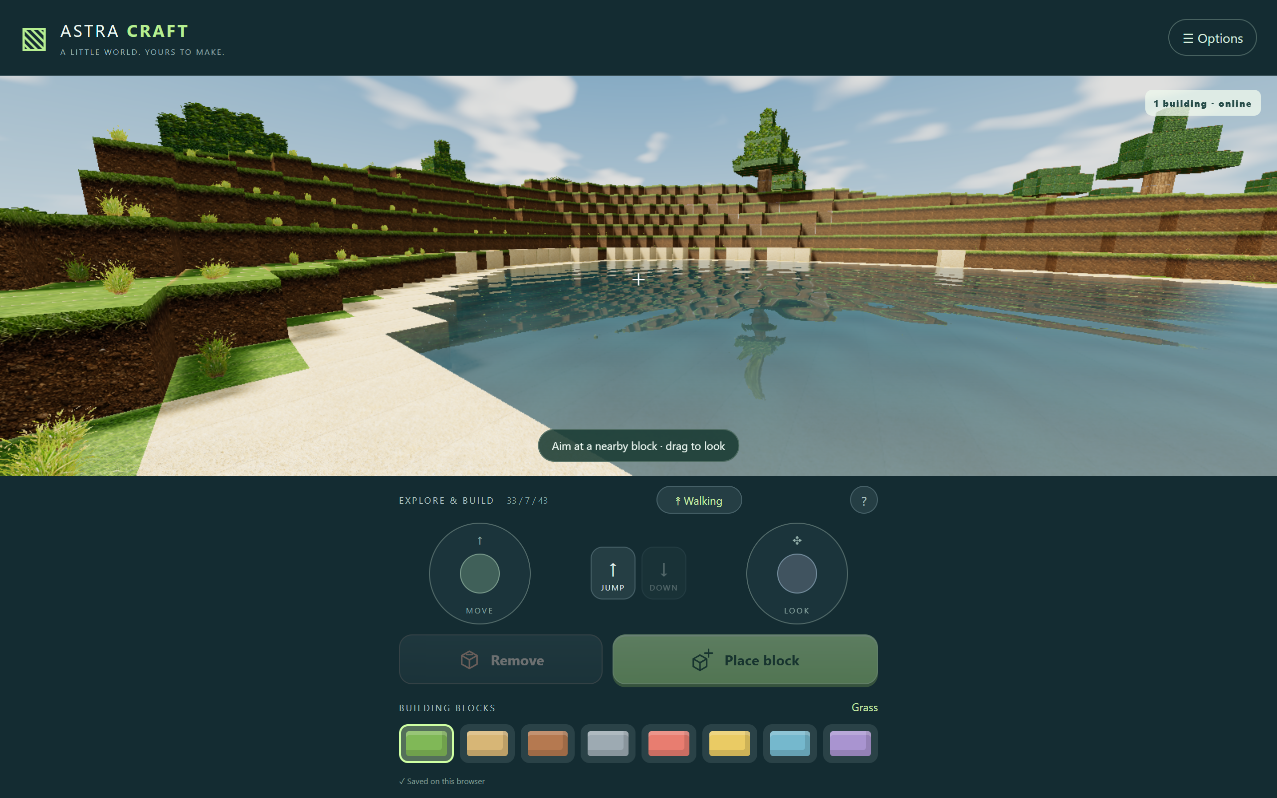Astra Craft with sunlight and screen-space lake reflections on desktop