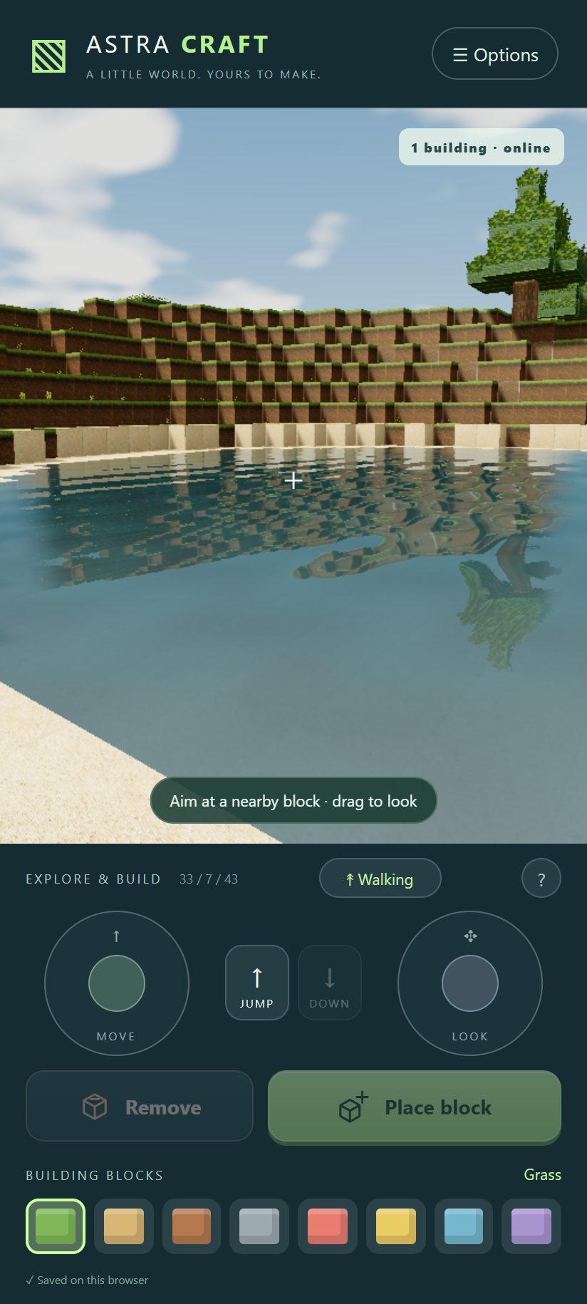 Astra Craft with natural textures, sunlight and reflective water on mobile