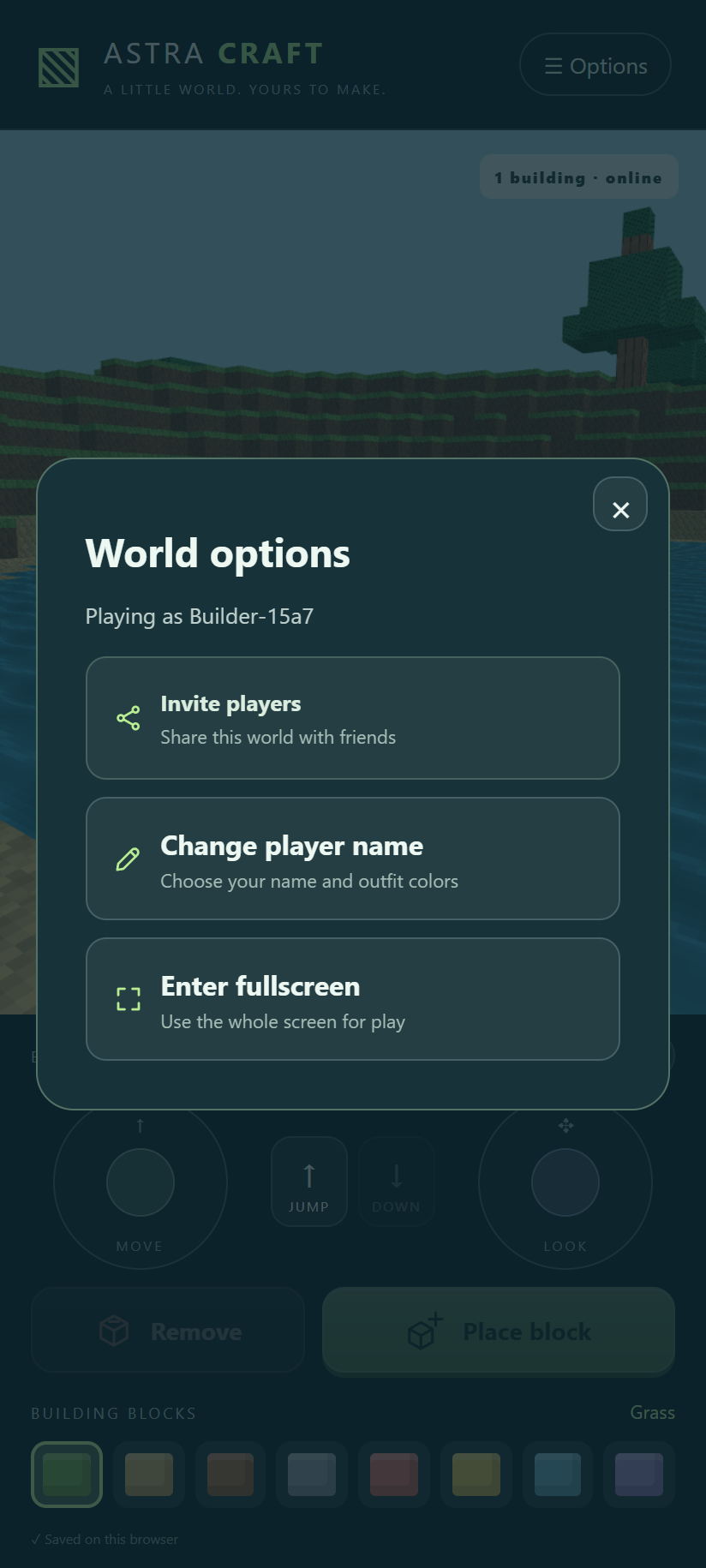 Astra Craft options on mobile