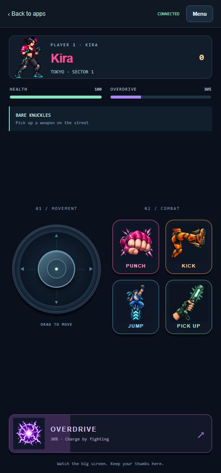 Joystick, attacks, health and overdrive on the phone controller