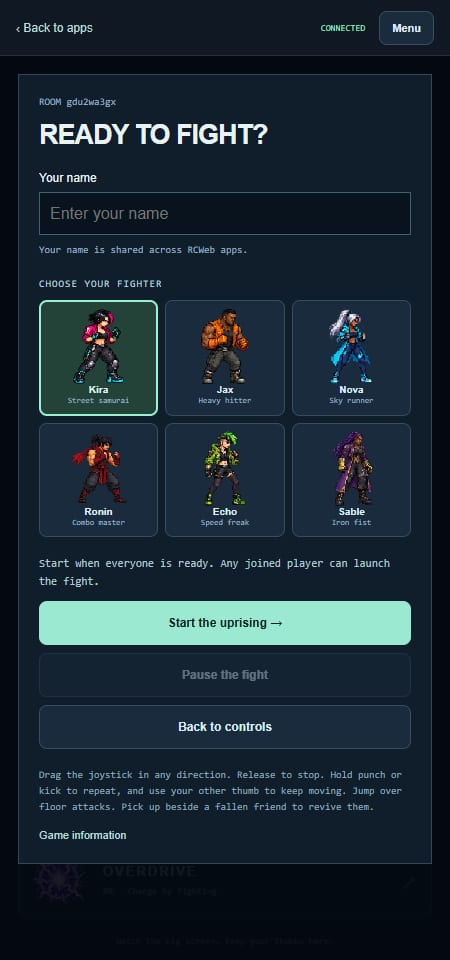 Choose a fighter and start the game from your phone