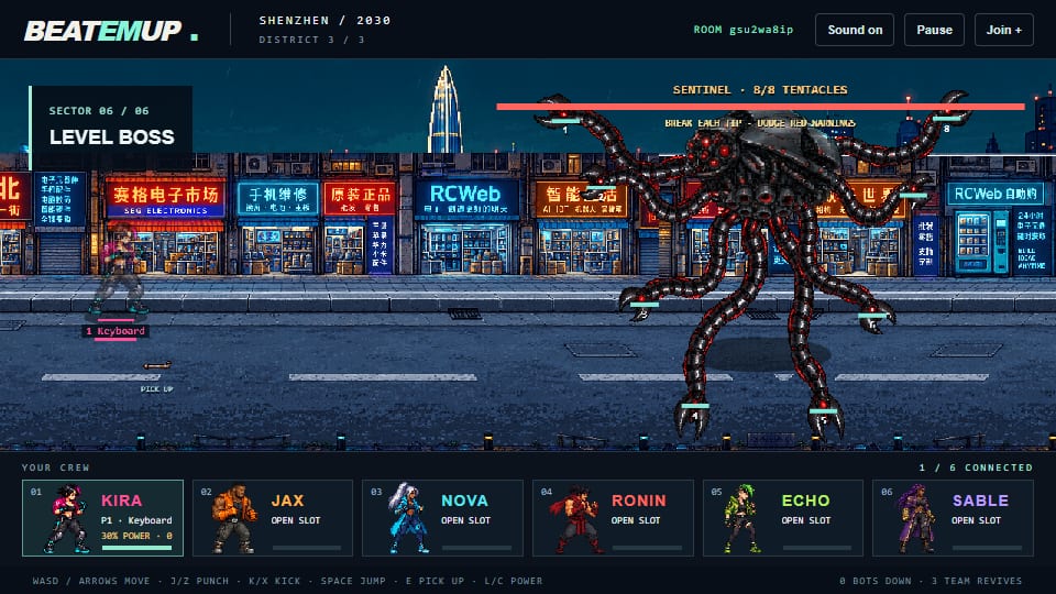 The Sentinel boss in Shenzhen, with separate health bars for its eight tentacles