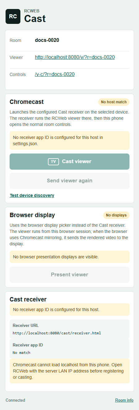 Cast connection options Cast page showing room links and display connection options