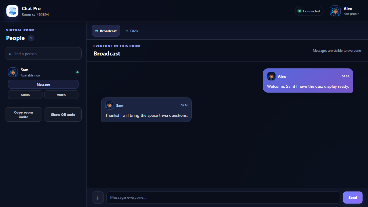 Broadcast conversation between Alex and Sam