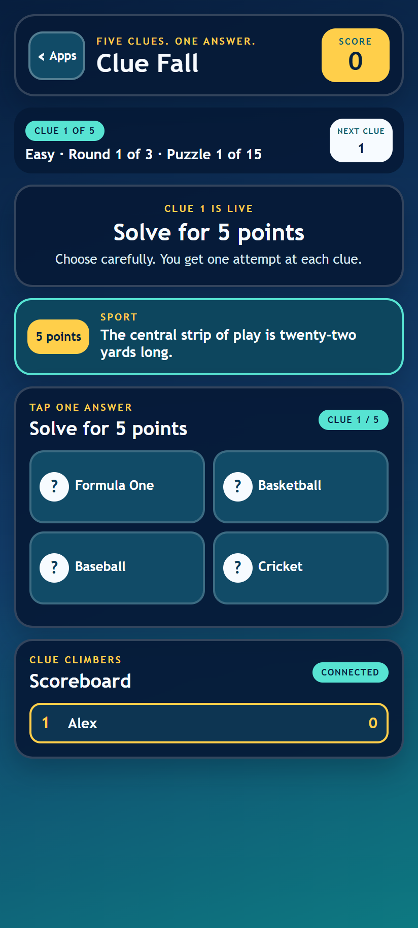 Choosing an answer to the live sport clue