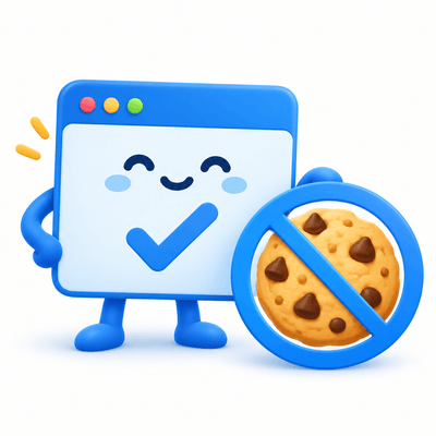 A cheerful browser window beside a crossed-out cookie represents RCWeb's cookie-free approach.