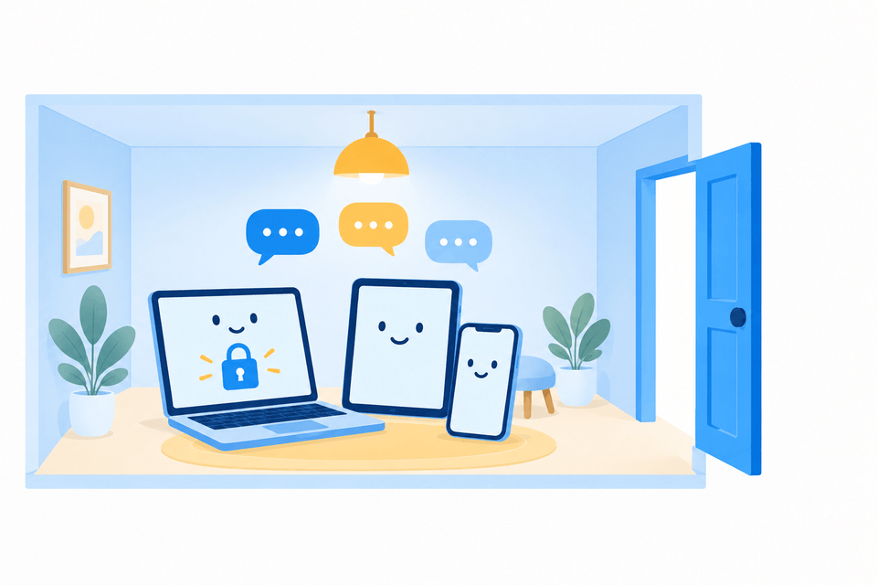 A laptop, tablet and phone share messages entirely inside one room. The open doorway is clear, with no messages leaving the room.