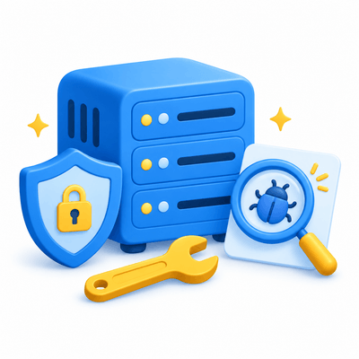 A server, protective shield, wrench and magnifying glass over a software bug represent security and fixing bugs.