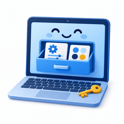 A laptop keeps preference cards in a drawer built into its screen, representing browser storage on your device.