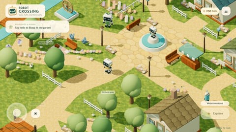 Robot Crossing village square and gardens