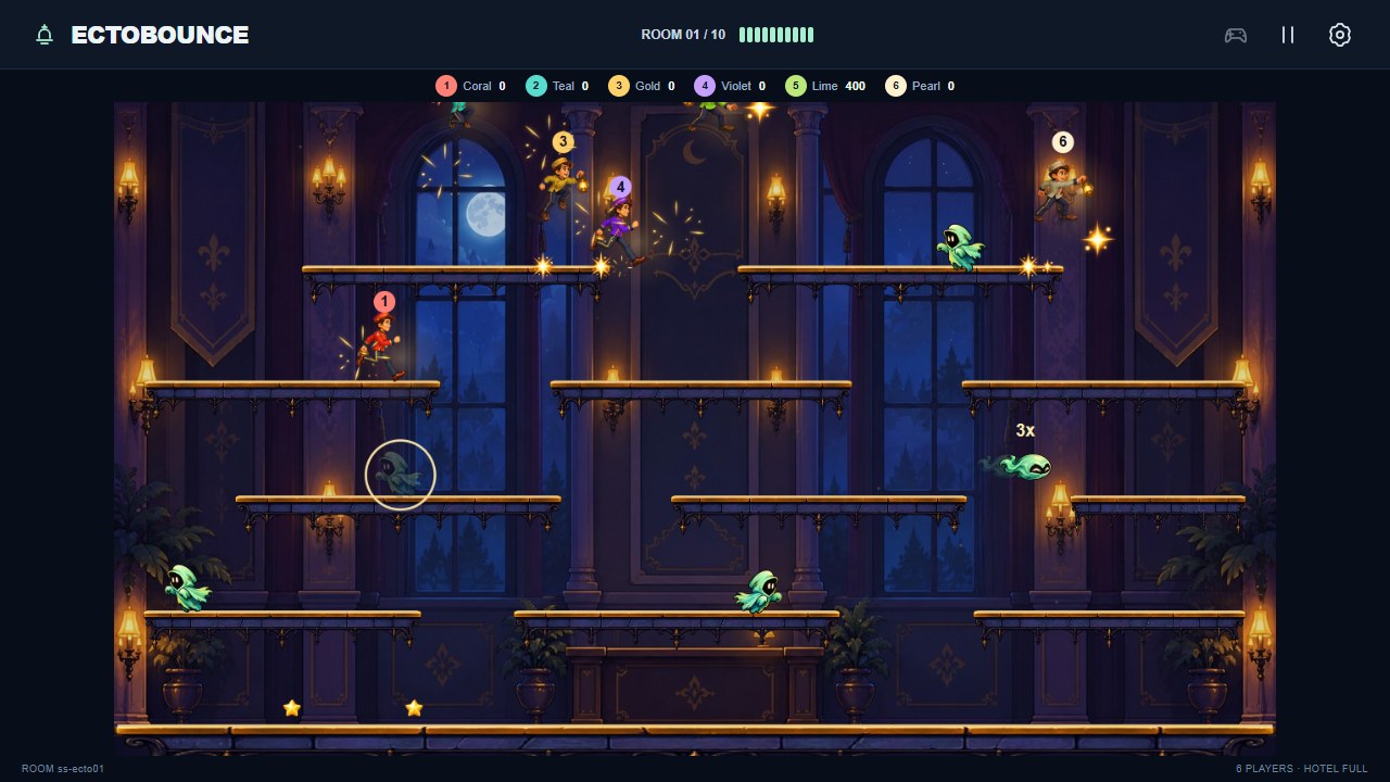 Six players jumping, catching and launching ghosts in the Moonlit Lobby