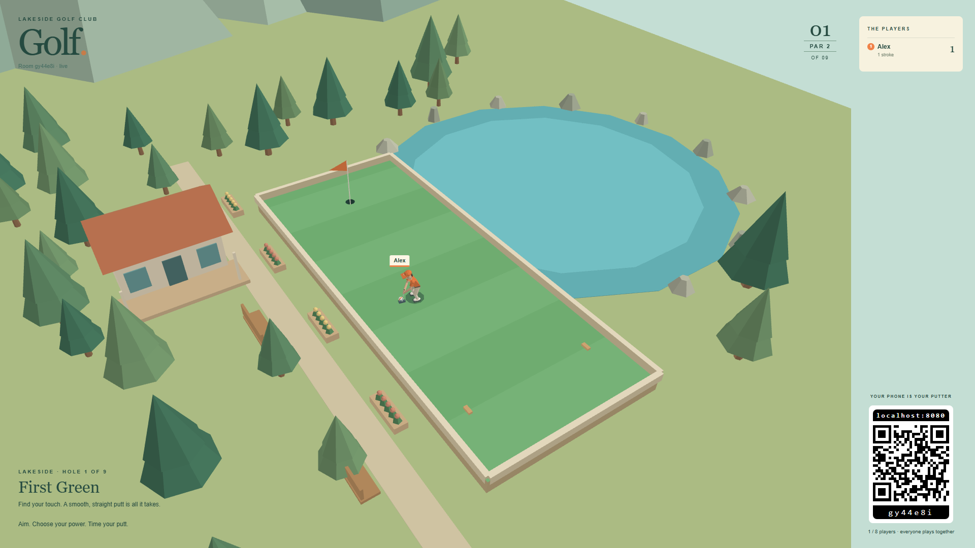 The shared lakeside course, player scores and standard QR invitation