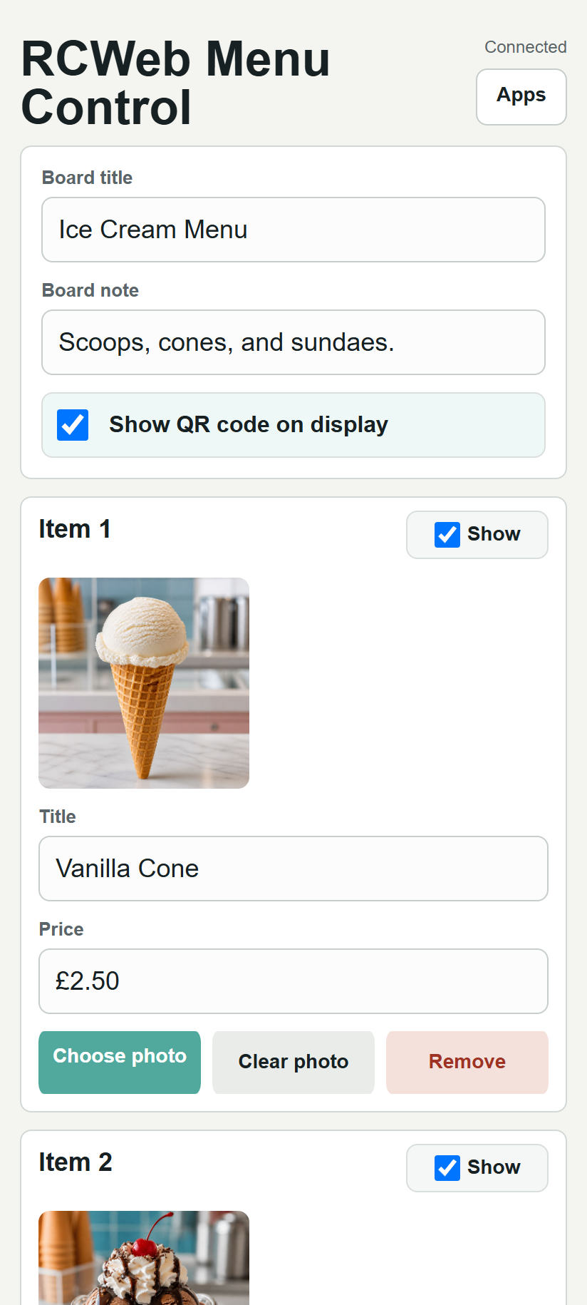 Selecting an ice cream menu example