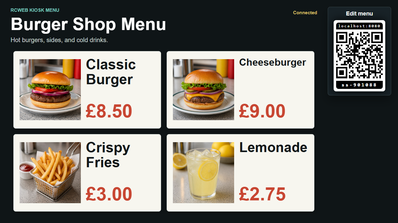 Burger shop menu applied from the controller