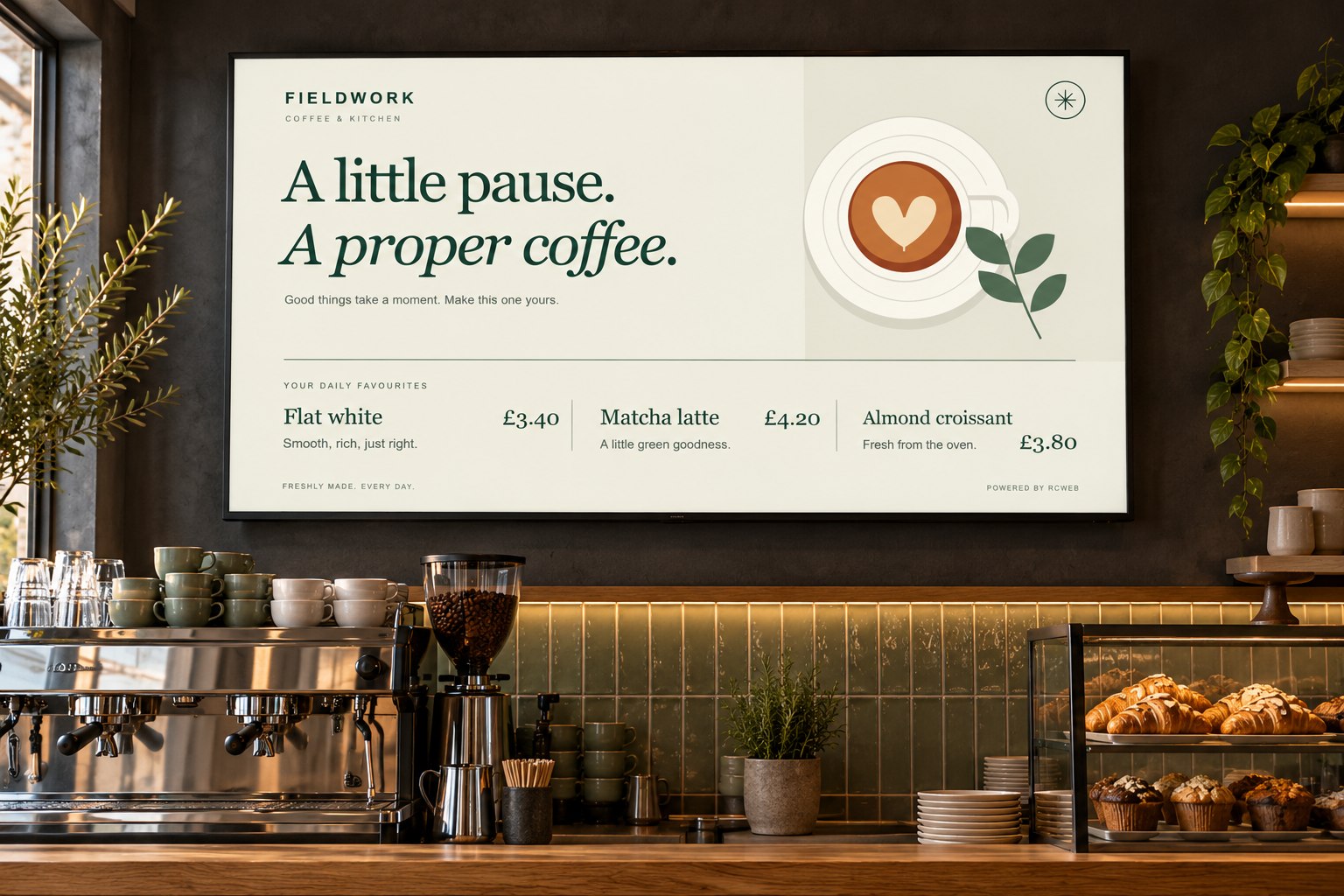 Large wall-mounted digital menu screen above a café counter, showing the Fieldwork menu beside an espresso machine and pastries