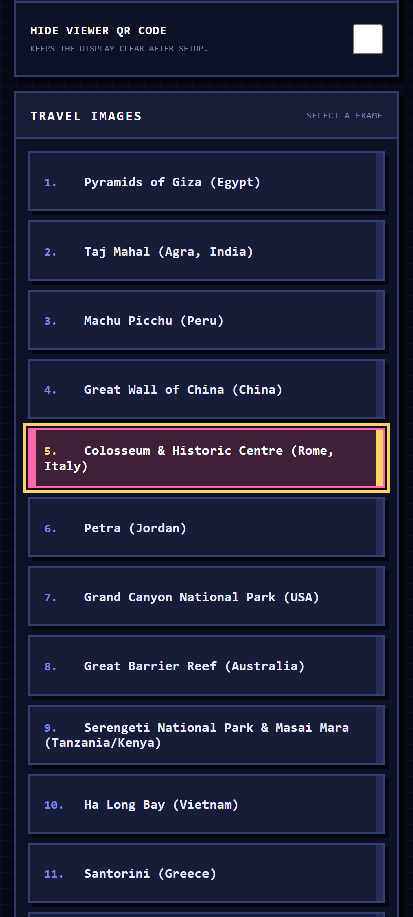 Selecting a destination from the travel gallery