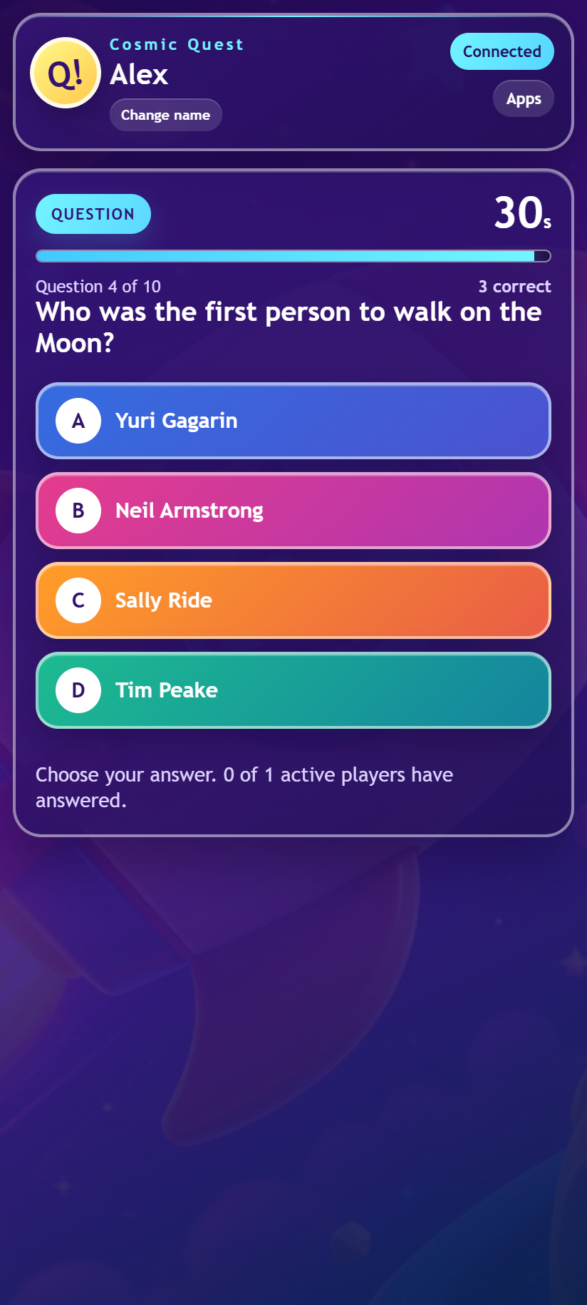 Quiz Pro Control — question in progress Cosmic Quest question on the phone controller