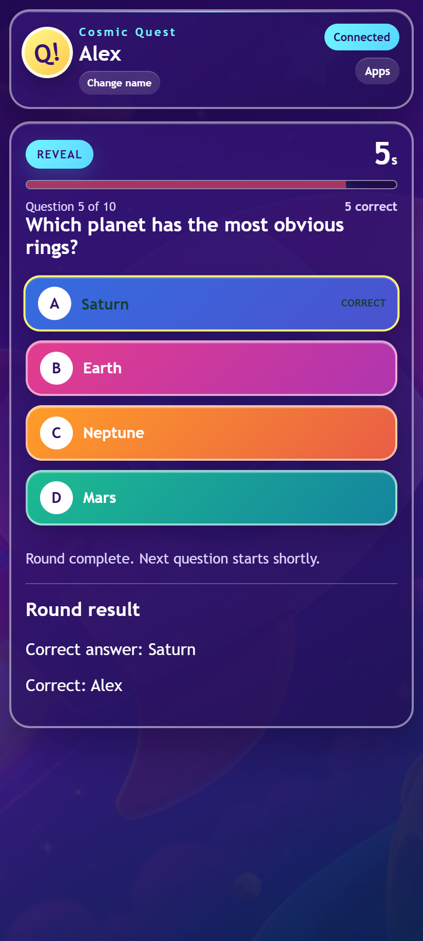Quiz Pro Control — answer reveal Correct answer feedback on the phone controller