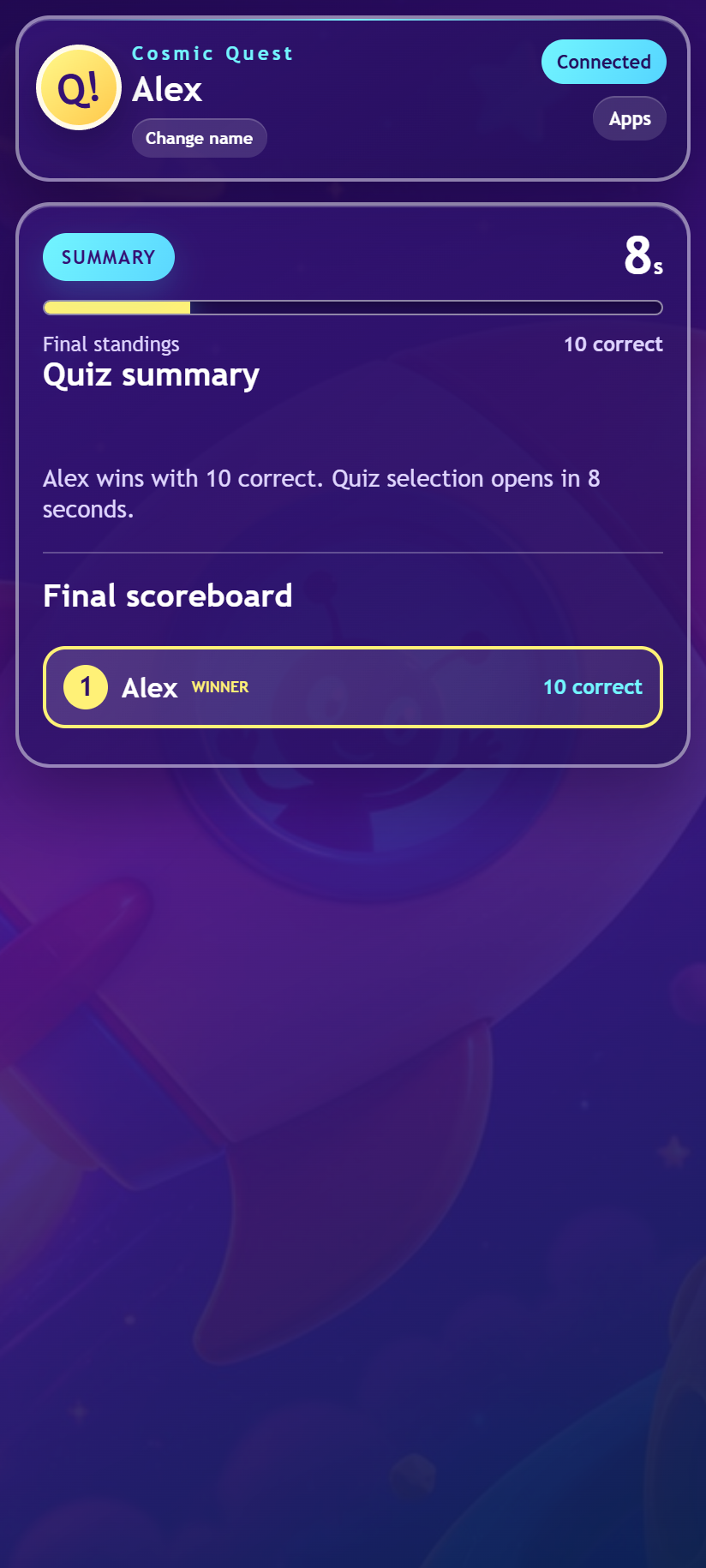 Quiz Pro Control — final scores Final standings after completing Cosmic Quest