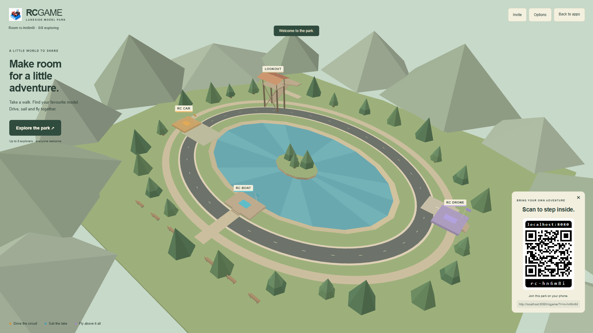 Lakeside model park The lake, wooded island, model circuit and control areas