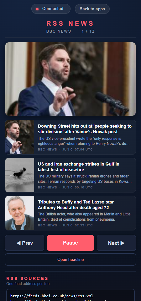 RSS News controls with headlines, playback and feed sources