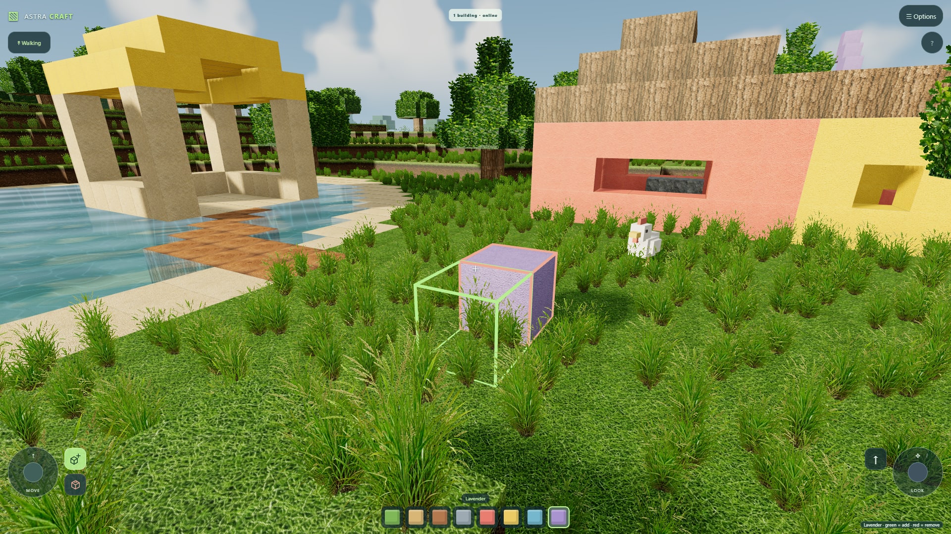 Astra Craft's lakeside pavilion and colourful block house surrounded by grass, trees and a chicken
