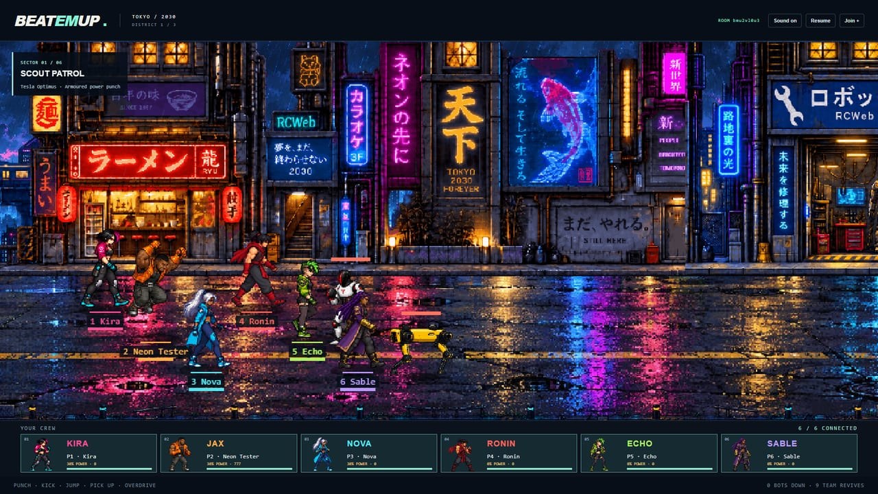 A team of fighters battling robots on a rain-soaked street lit with neon signs
