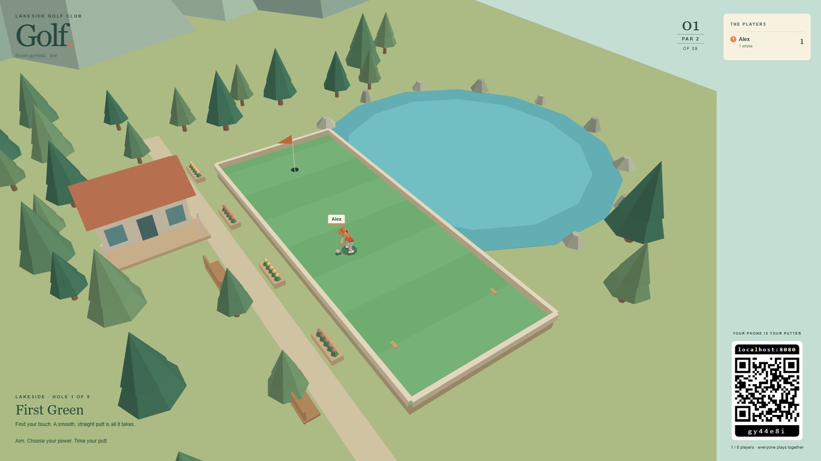 A miniature golf course beside a lake, with a clubhouse and pine trees
