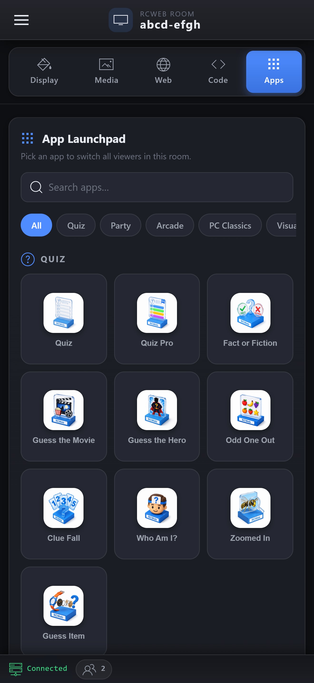 RCWeb smartphone app launchpad showing games to launch on the shared screen