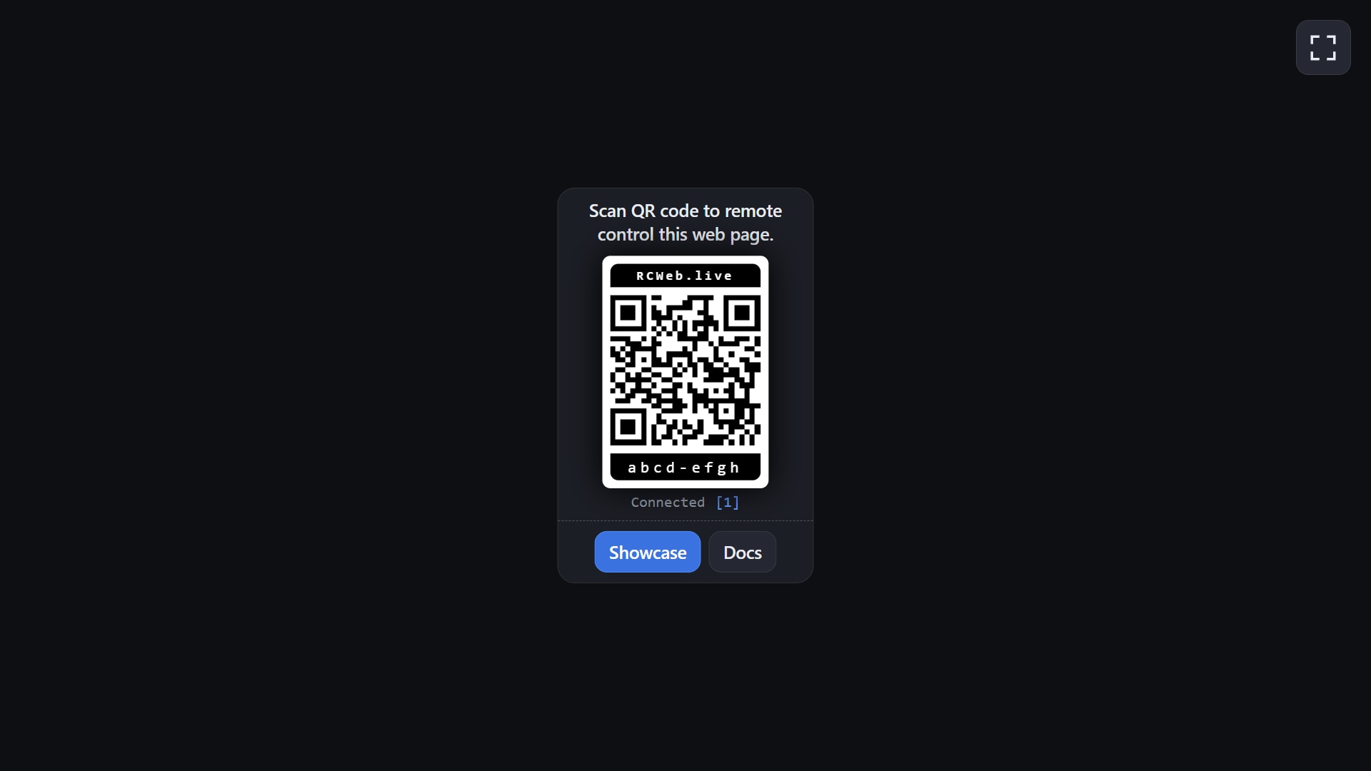 RCWeb viewer with a QR code inviting smartphones to connect to the shared screen