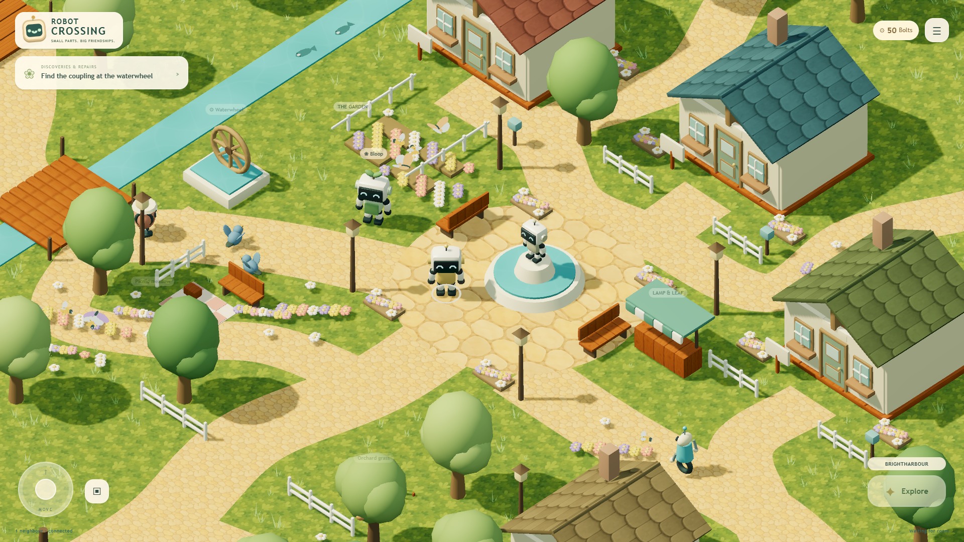 Robots exploring Brightharbour beside a fountain, flower gardens, cottages and a riverside waterwheel
